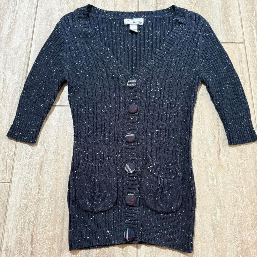 idaisy Vintage Y2K Navy Blue Chunky Button down cable knit sweater with pockets